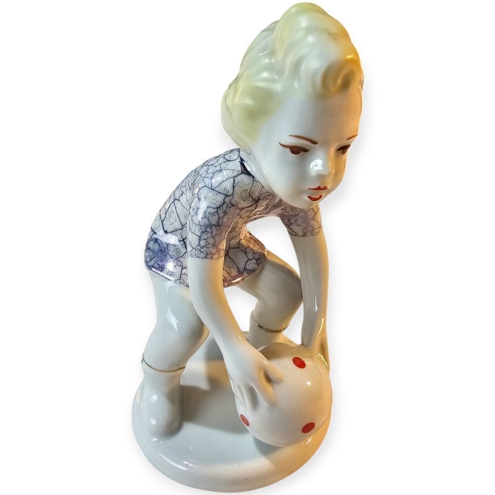 Porcelain Girl with Ball Figurine in White and Blue